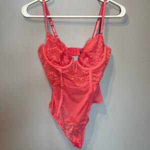 Coral Sheer Lace and Mesh Bodysuit